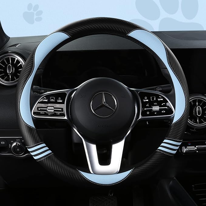 HighnessHwoo Car Steering Wheel Covers for Women Girl Padded Carbon Fiber PU Leather Cute Cartoon Auto Interior Accessories for Jeep, Truck, Universal, Anti Slip, Blue, Large Size, 15.2-16in
