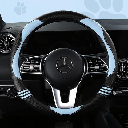 HighnessHwoo Car Steering Wheel Covers for Women Girl Padded Carbon Fiber PU Leather Cute Cartoon Auto Interior Accessories for Jeep, Truck, Universal, Anti Slip, Blue, Large Size, 15.2-16in