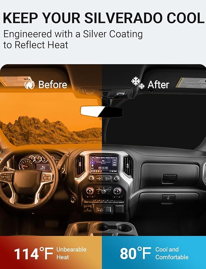 Proadsy Windshield Sun Shade Custom Fit Chevy Silverado 1500 2Dr 4Dr 2019-2024 2025 2026 4-Layer Foldable Front Sunshade Protector Sun Visor Blocks UV Rays Keep Car Cooler Accessories