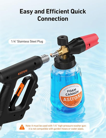 AstroAI Foam Cannon for Pressure Washer, Snow Clear Foam Cannon, Wide Neck Foam Blaster Adjustable Nozzle for Car Wash Accessories, with 1/4 Inch Quick Connector,1 L Clear Bottle