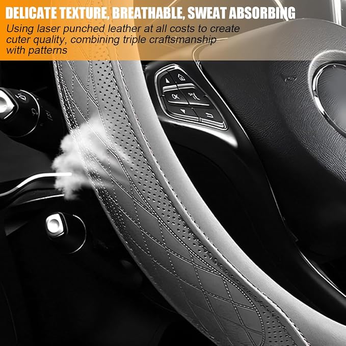 Zpana Car Steering Wheel Cover, 14.5-15" Breathable Soft Leather Vehicle Steering Wheel Protector with Anti-Slip Lining, Comfortable Auto Interior Decoration Accessories, Universal Fit (Gray)