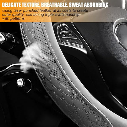 Zpana Car Steering Wheel Cover, 14.5-15" Breathable Soft Leather Vehicle Steering Wheel Protector with Anti-Slip Lining, Comfortable Auto Interior Decoration Accessories, Universal Fit (Gray)