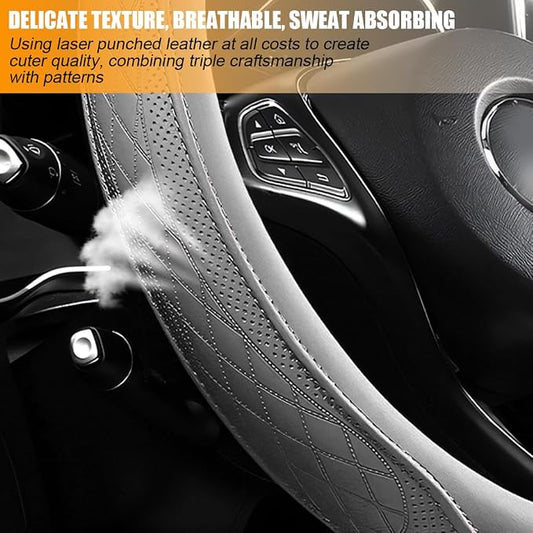 Zpana Car Steering Wheel Cover, 14.5-15" Breathable Soft Leather Vehicle Steering Wheel Protector with Anti-Slip Lining, Comfortable Auto Interior Decoration Accessories, Universal Fit (Gray)