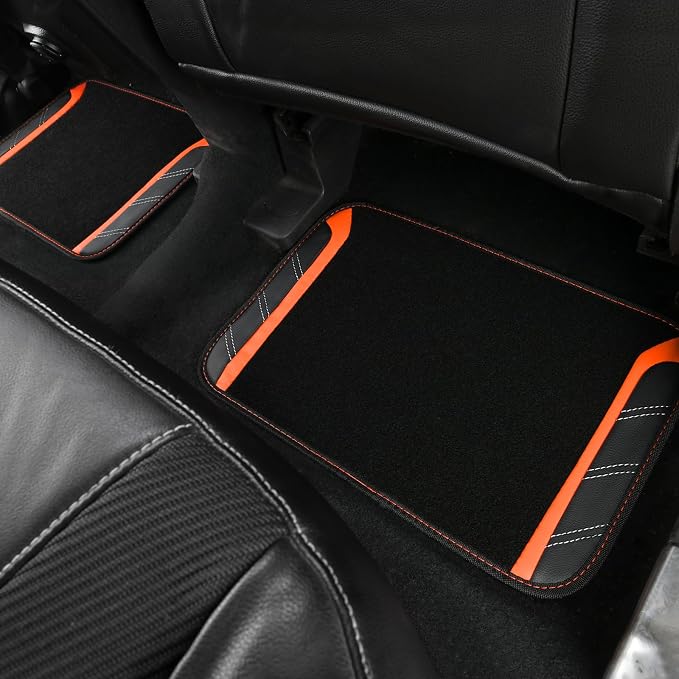 CAR PASS Leather Steering Wheel Cover and Waterproof Car Floor Mats,Microfiber Universal Car Combo Fit for 95% Sedan SUV Van Truck,14.5-15inch Sporty Anti-Slip Safety Comfortable Design, Black＆Orange