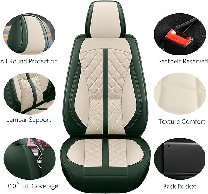 otoez Green Car Seat Covers Full Set, Universal Nappa Leather Seat Cover 5 Seat Waterproof & Breathable Automotive Seat Protector Full Coverage for Cars Sedens, Trucks, SUVs, Vans (White & Green)