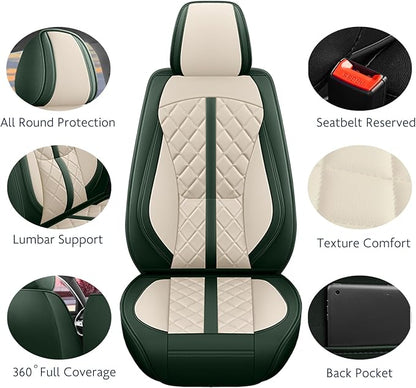 otoez Green Car Seat Covers Full Set, Universal Nappa Leather Seat Cover 5 Seat Waterproof & Breathable Automotive Seat Protector Full Coverage for Cars Sedens, Trucks, SUVs, Vans (White & Green)