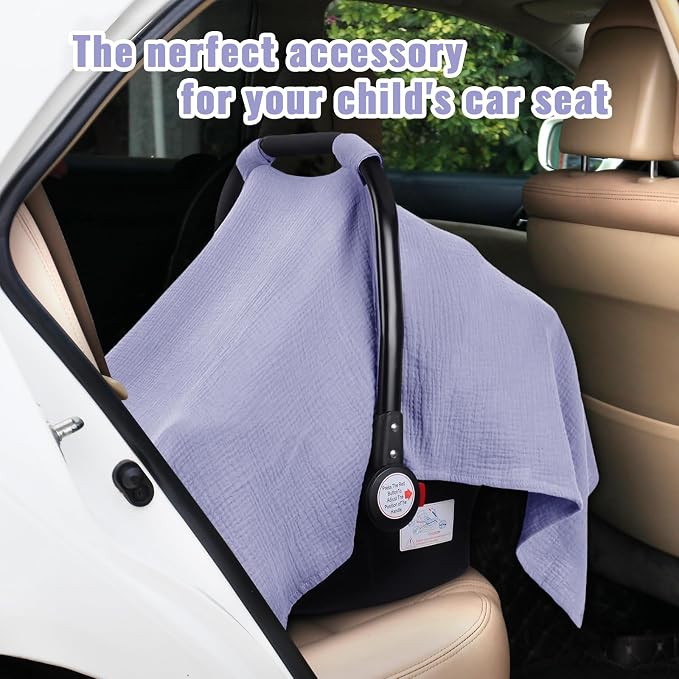 Metplus Muslin Car Seat Cover for Babies, 100% Cotton Breathable Infant Carseat Canopy for Summer, Lightweight Stroller Sunshade Covers for Newborns(Purple)