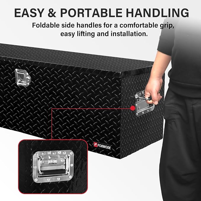 FORWODE 48 Inch Aluminum Truck Tool Box Lockable Truck Bed Tool Box Waterproof Truck Bed Storage Box with Gas Struts & Side Handle Truck Tool Chest for Pickup, Truck Bed, RV, Trailer & Garage (Black)