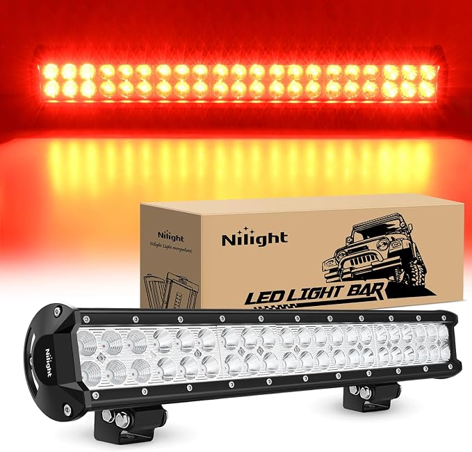 Nilight LED Light Bar 20 Inch 126W Spot Flood Combo Red Beam Off Road Lamp Fishing Hunting Emergency Deck Work Lighting for Trucks UTV Pick-up Van Boat Tractor