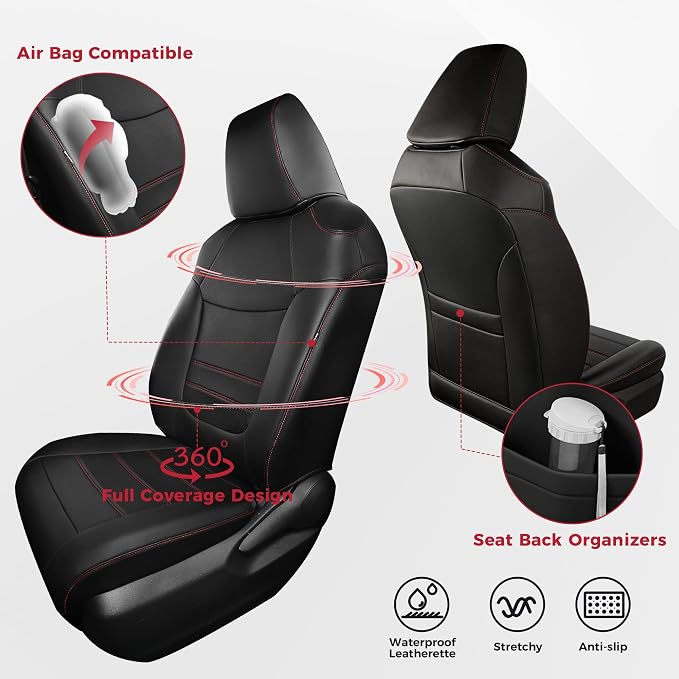 FREESOO RAV4 Seat Covers Full Set Custom Fit for Toyota Rav4(Only Hybrid) 2019 2020 2021 2022 2023 2024 2025 LE/XLE/XLE Premium/Limited, Faux Leather Car Seat Cover, Airbag Compatible, Black Red