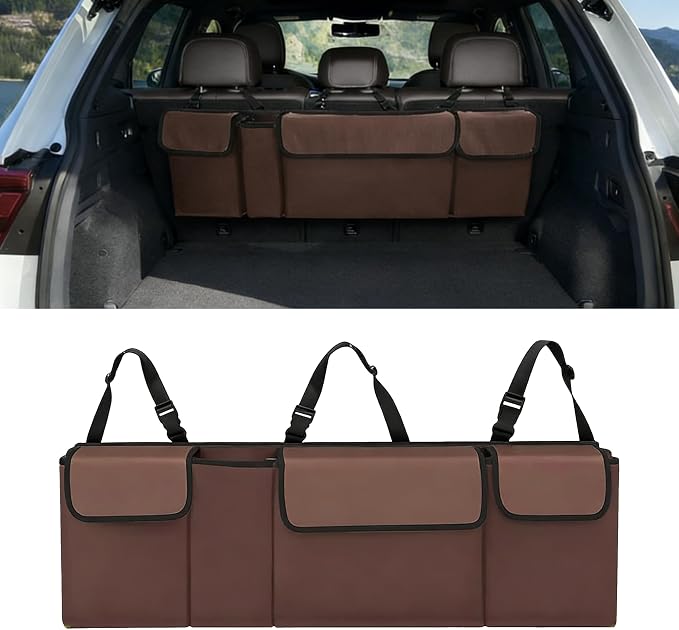 Car Trunk Organizer, Waterproof Backseat Hanging Large Storage with Adjustable Straps, Collapsible Cargo Bag with 4 Pockets, Car Interior Accessories for Truck, SUV, MPV (Brown)