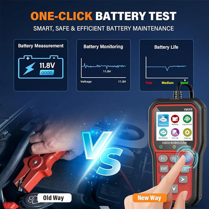 BluSon YM319 OBD2 Scanner Diagnostic Tool with Battery Tester, Check Engine Fault Code Reader with Live Data, Cloud Printing, DTC Lookup, Freeze Frame, Scan Tool for All OBDII Cars Since 1996, Red