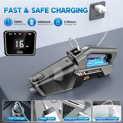 EYYA Handheld Vacuum Cordless, 16KPA Powerful Suction Hand Held Vacuum Cleaner Dust Busters Cordless Rechargeable, HD Display & 3 LED Lights, Portable Vacuum for Car, Home, Pet Hair