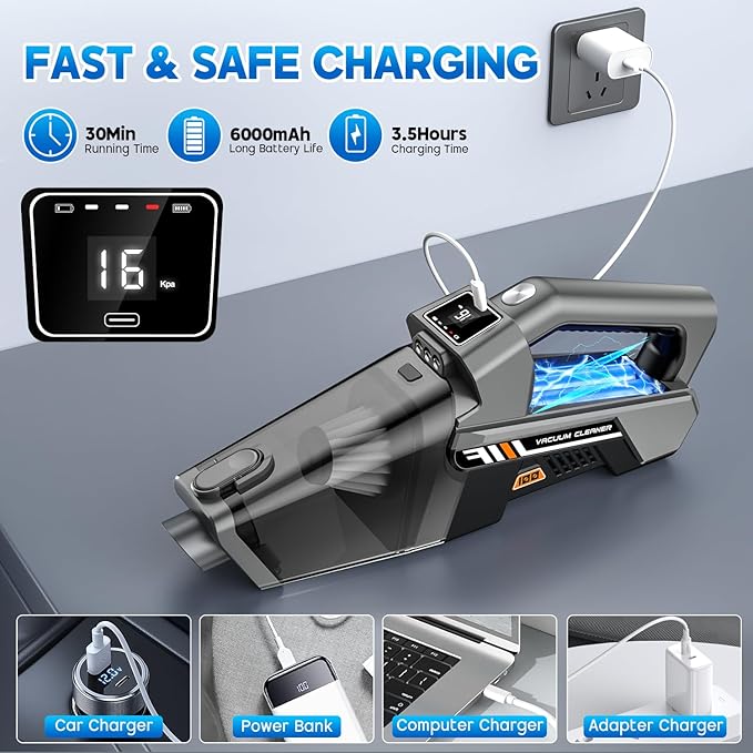 Handheld Vacuum Cordless, 16KPA Powerful Suction Hand Held Vacuum Cleaner Dust Busters Cordless Rechargeable, HD Display & 3 LED Lights, Portable Vacuum for Car, Home, Pet Hair