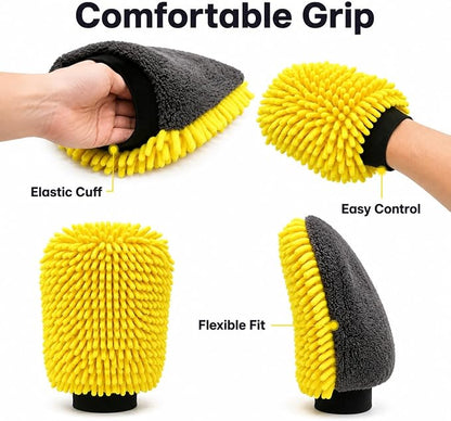 Car Wash Mitt, Double-Sided Chenille Microfiber, Yellow and Black, Waterproof