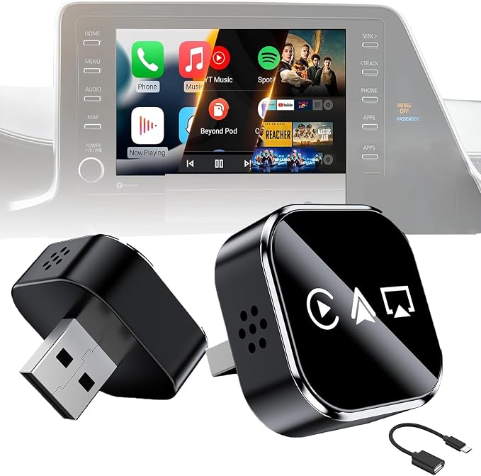 2026 4-in-1 CarPlay Adapter Wireless CarPlay + AirPlay + Android Auto + MirrorLink | Plug-&-Play for iPhone 10+ & Android 11+ | USB-A & Type-C Dual Ports (Black)