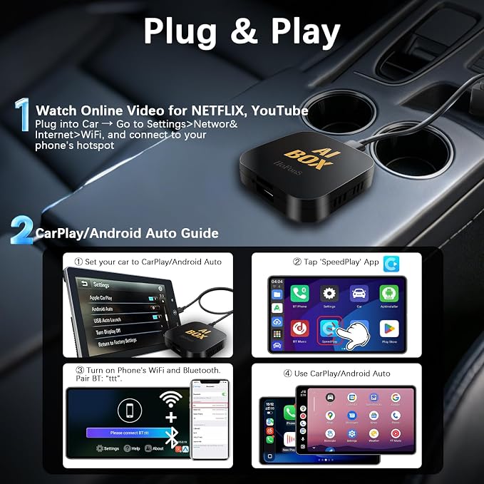 AI Box Carplay, Ai Magic Box for Streaming Netflix/YouTube/TikTok, Car Play Wireless Adapter Supports for iPhone & Android Auto, Plug & Play, for Cars with OEM Wired CarPlay/Android Auto