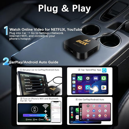 AI Box Carplay, Ai Magic Box for Streaming Netflix/YouTube/TikTok, Car Play Wireless Adapter Supports for iPhone & Android Auto, Plug & Play, for Cars with OEM Wired CarPlay/Android Auto