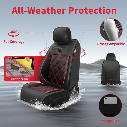 Ranger Car Seat Covers Custom Fit for Ford Ranger 2019-2026, Full Coverage Leather Waterproof Breathable Seat Covers, Automotive Seat Protectors, Airbag Compatible(2 Front Seats, Black & Red)