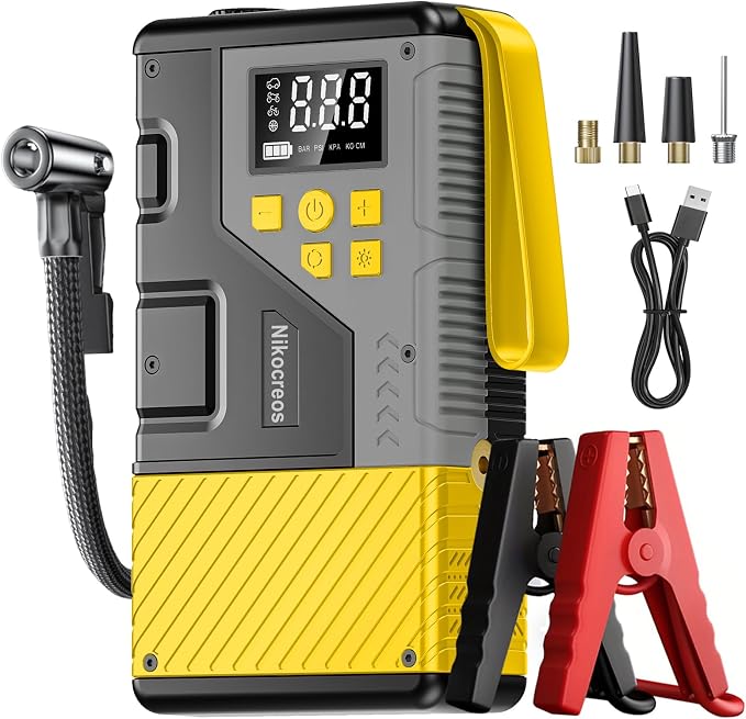 Portable Car Jump Starter with Air Compressor for Emergencies,3000A Peak and 150 PSI Max,for 12L Gas & 10L Diesel Engines,LCD Display,LED Light