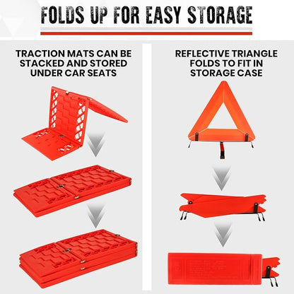 Koolatron Oskar Emergency Roadside Kit – 3-Piece Vehicle Safety Set with Folding Tire Traction Mats & Reflective Warning Triangle – Car, SUV, Truck Essentials for Snow, Ice, Mud, Sand