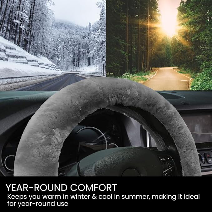 Andalus Brands Luxury Fluffy Car Steering Wheel Covers – Genuine Merino Sheepskin, Soft Fuzzy Car Steering Wheel Cover for Women, Universal 14.5-15" Size, Plush Fur Cute Auto Accessories, Gray