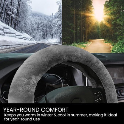 Andalus Brands Luxury Fluffy Car Steering Wheel Covers – Genuine Merino Sheepskin, Soft Fuzzy Car Steering Wheel Cover for Women, Universal 14.5-15" Size, Plush Fur Cute Auto Accessories, Gray