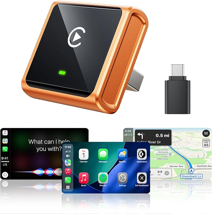 Wireless CarPlay Adapter for iPhone Only, with USB-C | Zero-Latency Auto-Connect GPS, Easy Wired-to-Wireless Conversion for Apple CarPlay, Works with Factory Wired CarPlay, Orange