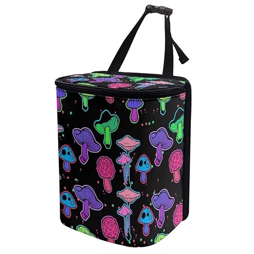 Rainbow Trippy Mushroom Print Car Trash Can with Lid and Zipper Portable Foldable Garbage Can Bag Hanging for Headrest Leakproof Organizer and Storage Bag Retro Car Interior Accessories