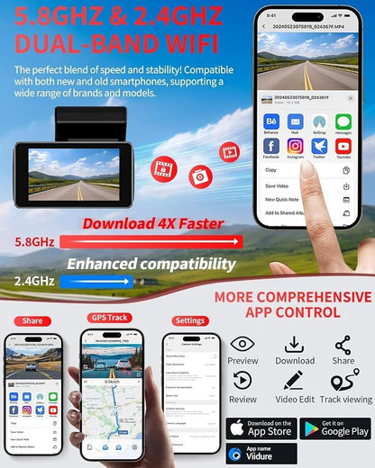 Dash Cam Front and Rear, 4K Full HD Dual Dash Camera for Cars, Built-in Memory Card Monitoring, 64GB Card, 5G WiFi GPS, Car Camera with 3" IPS Screen, 2160P Night Vision, 24H Parking Monitor