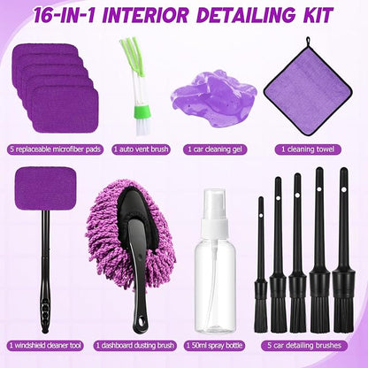 16 Pcs Windshield Cleaner Tool, Car Cleaning Kit with Various Detailing Brushes Set Spray Bottle Cleaner Towel Cleaning Gel Accessories Car Interior Detailing Kit for Windows Vents(Purple)