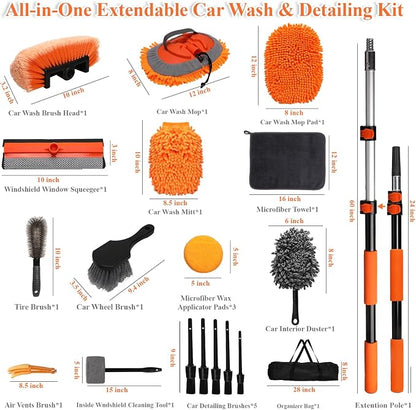 21Pcs Car Wash Kit with 60" Heavy-Duty Extension Pole, Soft Car Wash Brush, Wheel & Tire Brush, Scratch-Free Car Mop Mitt & Window Squeegee, Detailing Tool for Car Exterior & Interior Cleaning