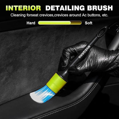 MVEQRRN 9PCS Car Detailing Brush Set, Boar Hair Detailing Brushes,Car Detailing Wheel Kit (Green) | Soft & Stiff Bristles Auto Detailing Brush,Wheel & Tire Brush,Interior & Exterior Car Brush,Car Wash Kit for Cars,Trucks,SUVs