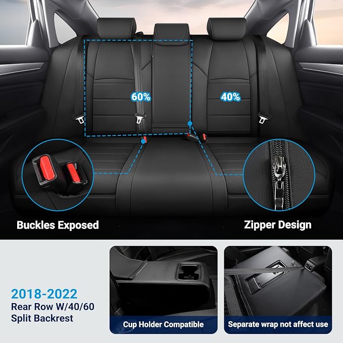 Custom for Honda Accord Seat Covers 2018 2019 2020 2021 2022 EX-L, Touring, Sport, EX, Hybrid, Faux Leather Car Seats Cover Full Set (Rear Row W/40/60 Split Backrest) - Black