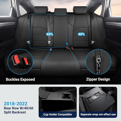 Custom for Honda Accord Seat Covers 2018 2019 2020 2021 2022 EX-L, Touring, Sport, EX, Hybrid, Faux Leather Car Seats Cover Full Set (Rear Row W/40/60 Split Backrest) - Black