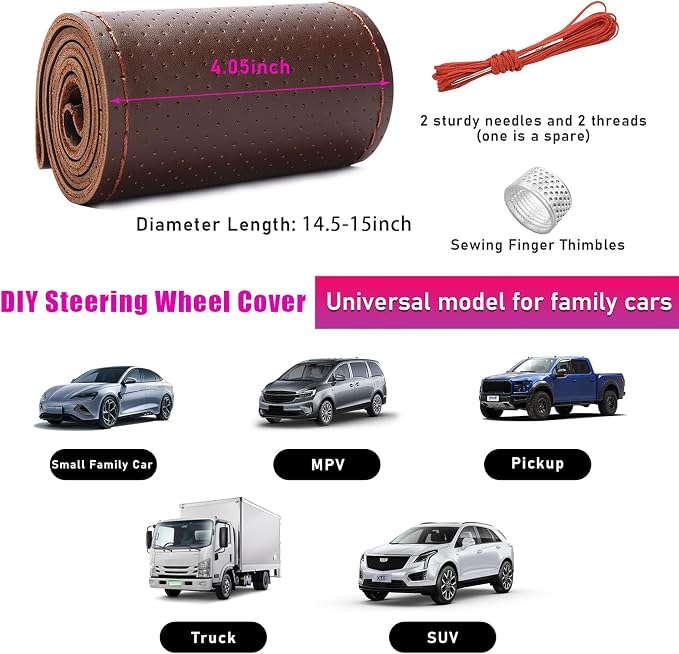 Ziciner Genuine Leather Steering Wheel Cover, Stitch on Wrap, Breathable Anti-Slip Car Steering Wheel Protector for Max Diameter 15 Inch, DIY Sewing with Needles Thread (Coffee, Hole)