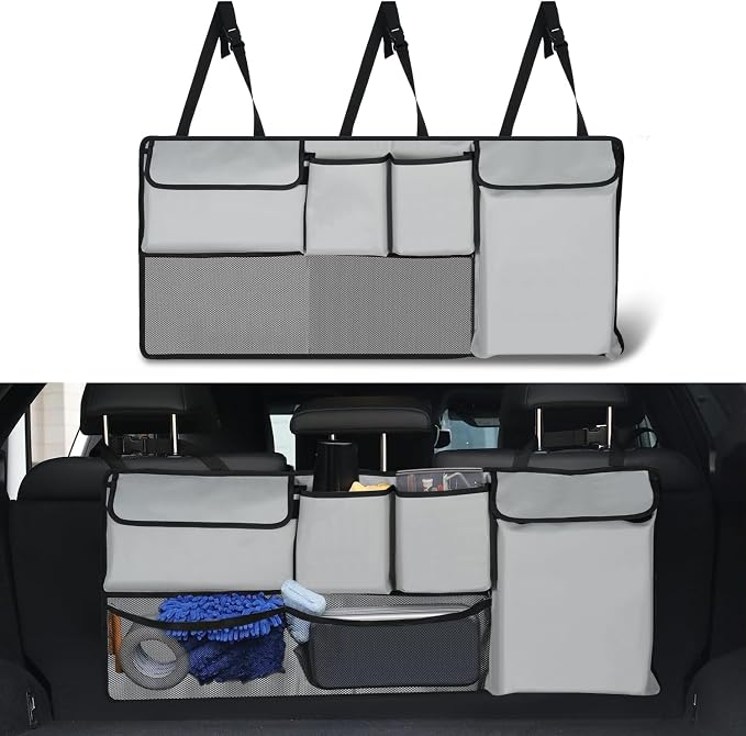 UYYE Trunk Hanging Organizer, Backseat Storage Bag, Collapsible Car Interior Accessories with 4 Pockets & 2 Mesh Pouches for Tools, Provide More Storage Trunk Space for SUV, Jeep, MPVs (Light Grey)