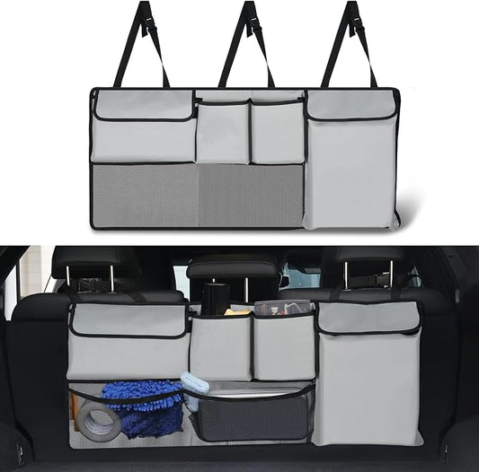 UYYE Trunk Hanging Organizer, Backseat Storage Bag, Collapsible Car Interior Accessories with 4 Pockets & 2 Mesh Pouches for Tools, Provide More Storage Trunk Space for SUV, Jeep, MPVs (Light Grey)