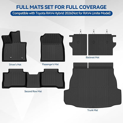 Custom Fit Floor Mats for Toyota RAV4 Hybrid 2026(Not for Phev)(Not for Cargo Area with subwoofer), All Weather TPE Floor Liners & Trunk Mat & Backrest Protectors, Full Set Interior Accessories