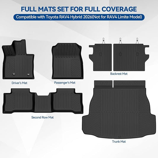Custom Fit Floor Mats for Toyota RAV4 Hybrid 2026(Not for Phev)(Not for Cargo Area with subwoofer), All Weather TPE Floor Liners & Trunk Mat & Backrest Protectors, Full Set Interior Accessories