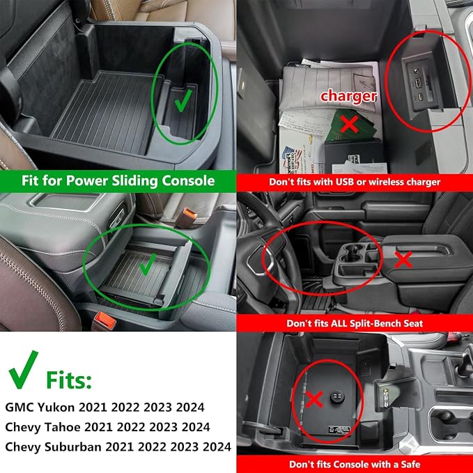 Console Console Organizer Storage Tray Accessories fits for 2024 2023 2022 2021 GMC Yukon Chevy Tahoe Suburban Only Fit for Power Sliding Console