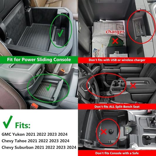Console Console Organizer Storage Tray Accessories fits for 2024 2023 2022 2021 GMC Yukon Chevy Tahoe Suburban Only Fit for Power Sliding Console
