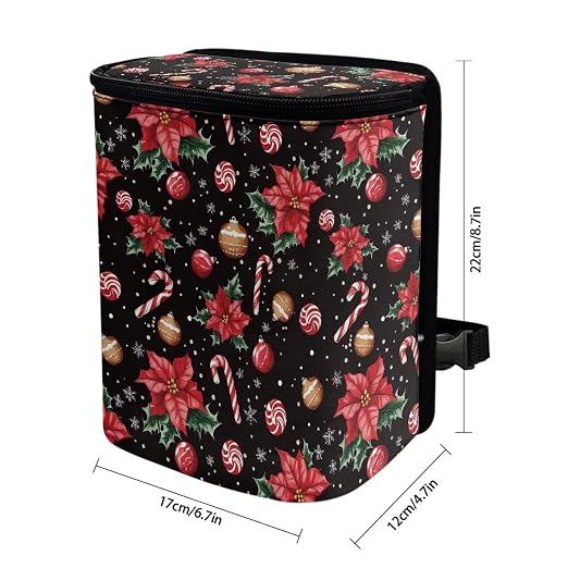 Poinsettia Flower Candy Cane Pattern Car Trash Can Leakproof Garbage Bag with Lid and Zipper 1.2Gal Trash Bin Hanging for Back Seat Christmas Car Decor