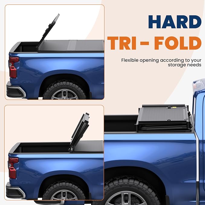 KUIPERAUTO 5.8 FT Fiberglass Tri Hard Truck Bed Tonneau Cover Fleetside Compatible for 2007-2025 2026 Chevy Silverado 1500 GMC Sierra (19 Classic Only) - 69.6 inch