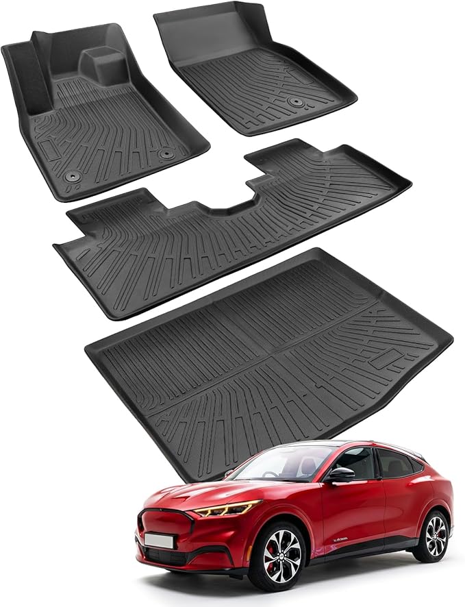 for Mustang Mach E Floor Mats & Cargo Liner 2021–2026, Custom Fit All Weather TPE Car Mats for Mach E Accessories, 1st & 2nd Row Heavy-Duty Black Floor Liners for Ford Mustang Mach-E by DiffCar