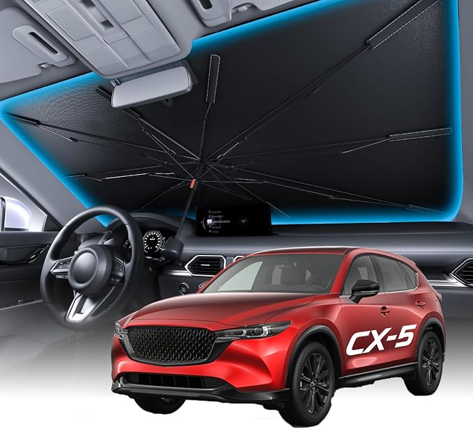 Wigoo Windshield Sun Shade Umbrella for Mazda CX-5 2017-2026 [100% Sun Blockage, Ice Cooling Fabric] Foldable Heat Insulation Front Window Sunshade Umbrella for Mazda CX-5 2017-2026