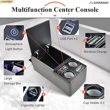 Coverado Car Center Console, Universal Bench Seat Consoles, Truck Center Console Automotive Center Console, Back Seat Organizer With Cup Holder+Phone Holder, Central Armrest Storage Box (Update, Gray)