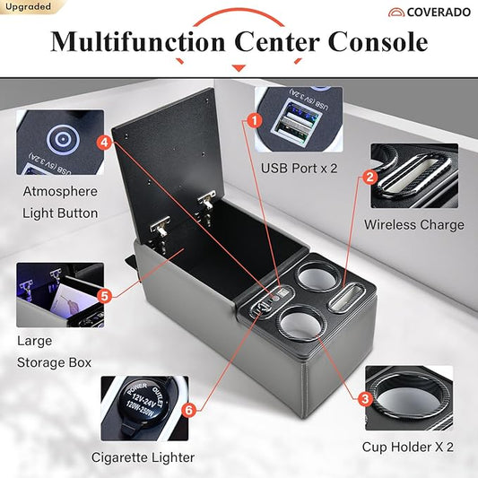 Coverado Car Center Console, Universal Bench Seat Consoles, Truck Center Console Automotive Center Console, Back Seat Organizer With Cup Holder+Phone Holder, Central Armrest Storage Box (Update, Gray)