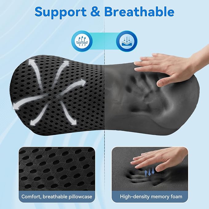 Lumbar Support Pillow, Memory Foam Lumbar Pillow for Office Chair and Car Seat, Back Pillow for Lower Back Pain Relief, Back Support Pillow for Sitting, Driving, Traveling (Dark Black)
