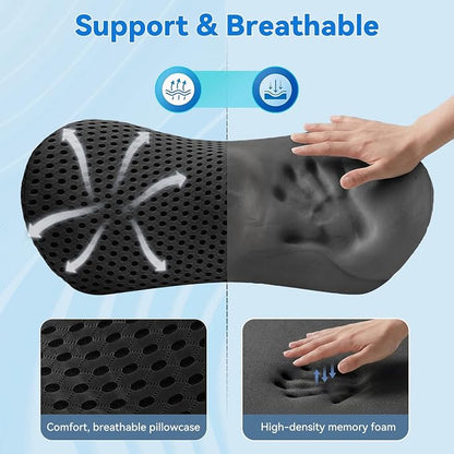 Lumbar Support Pillow, Memory Foam Lumbar Pillow for Office Chair and Car Seat, Back Pillow for Lower Back Pain Relief, Back Support Pillow for Sitting, Driving, Traveling (Dark Black)